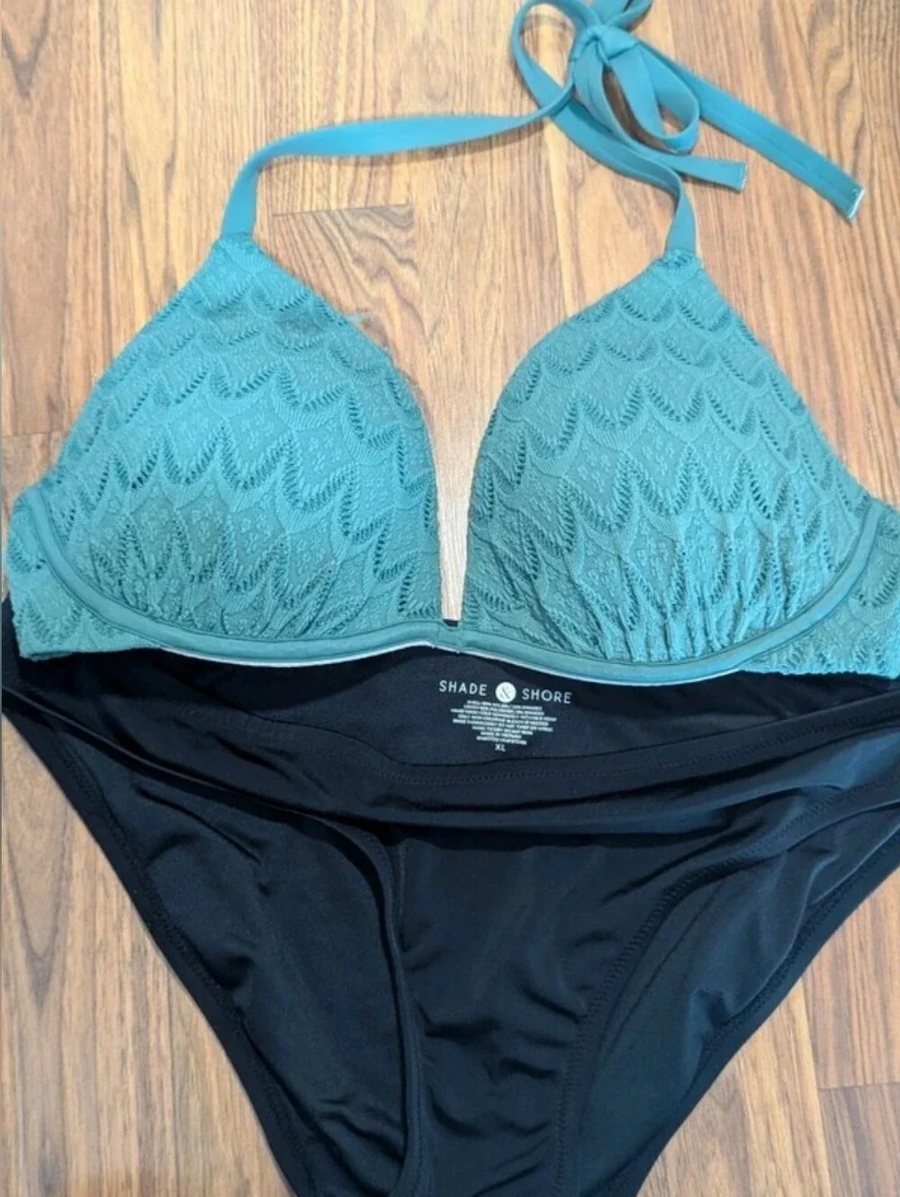Shade & Shore Teal Lace-Textured Halter Bikini Top with Black Bottoms
